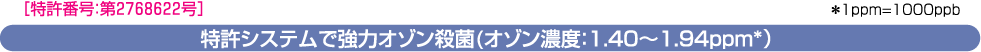 特許システムで強力オゾン殺菌(オゾン濃度:1.40〜1.94ppm*)